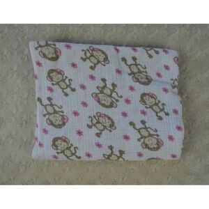 Chick Pea Monkey Baby Blanket Swaddle Muslin White Brown Tan Pink Flower
